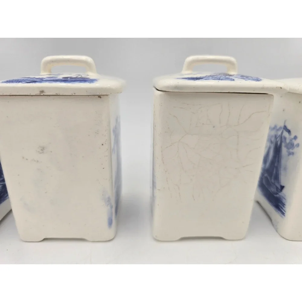 Vintage German Delft Blue Ceramic Spice Canister Set‎ Windmill Sailboat 5pc